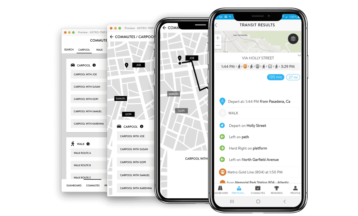 Commute tracker screens with arrows between them